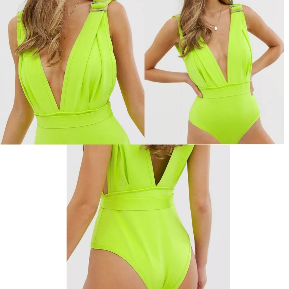 Swimsuit / Bodysuit. Plunging with waist band. Neon.